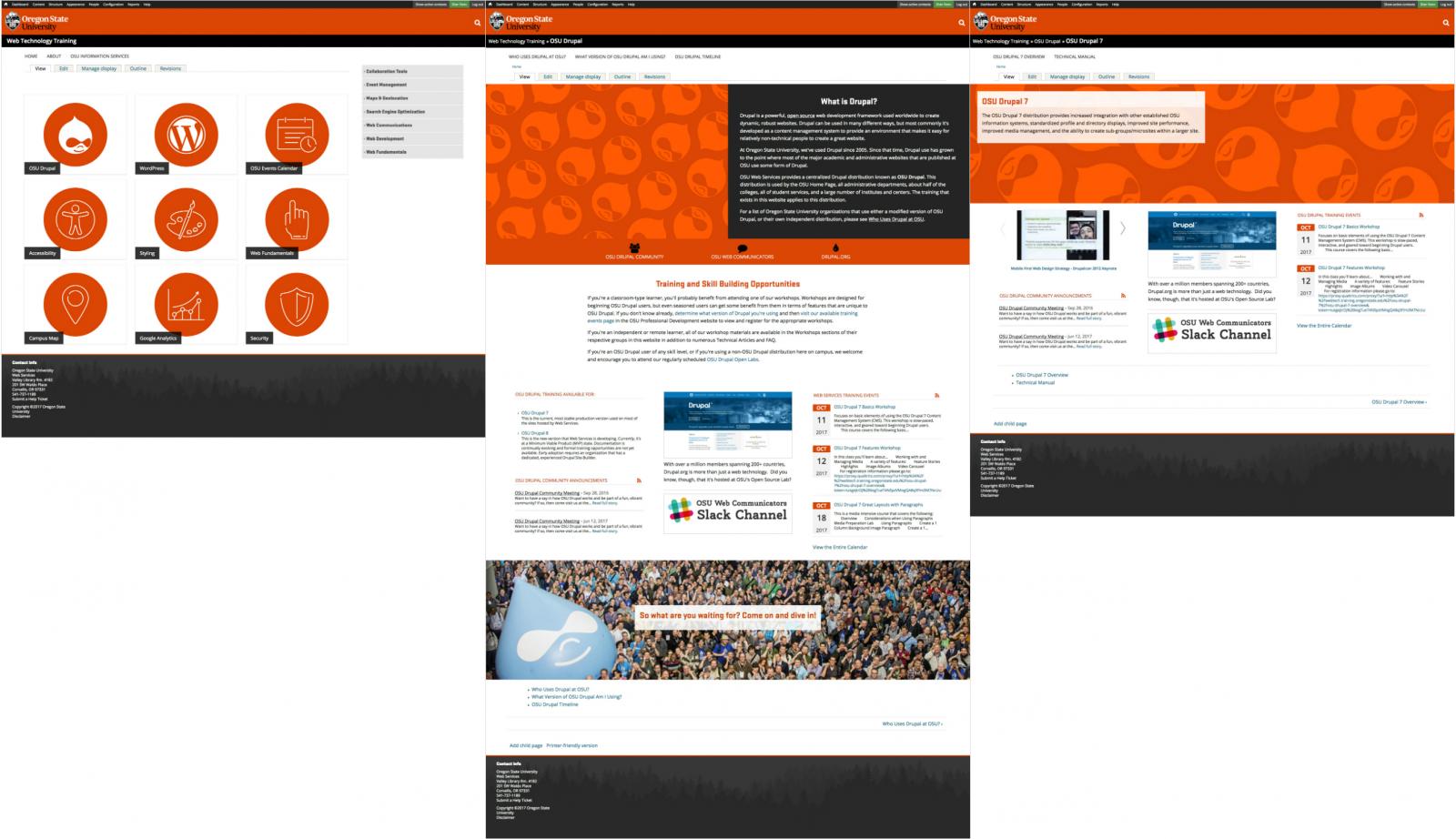 a side by side comparision of the home page, a group parent page, and a group child page